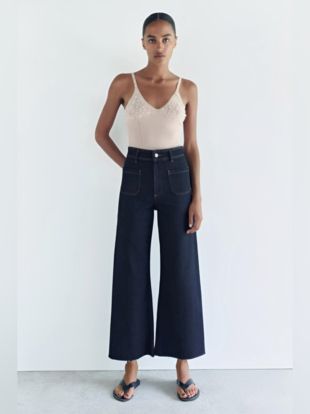 New ZARA Marine Straight Wide Leg High Waist Patch Pocket Dark Blue Jeans 4 - Picture 2 of 14